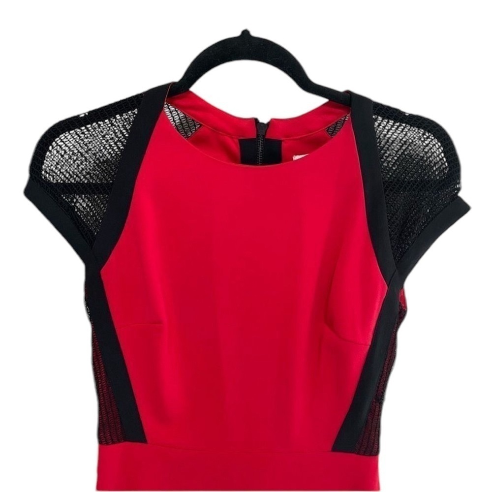 Cache Red and Black Mesh Cap Sleeve Zippered Back Sexy Sheath Dress Size 6 - Picture 2 of 6